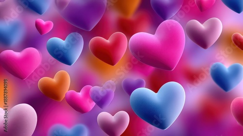 Colorful 3D Floating Hearts on Vibrant Purple and Pink Background