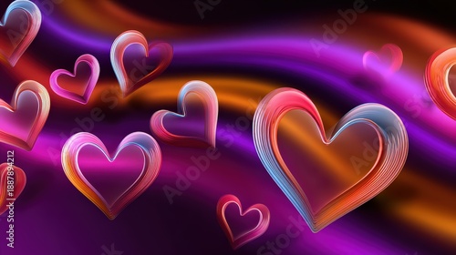 Vibrant 3D Hearts on Abstract Colorful Wavy Background
