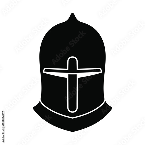 Minimalist Black Knight Helmet Vector Icon with White Outlined Cross Visor