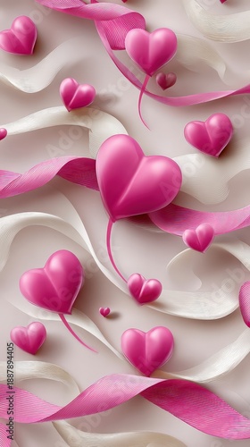 Pink 3D Hearts and Silk Ribbons Romantic Abstract Background