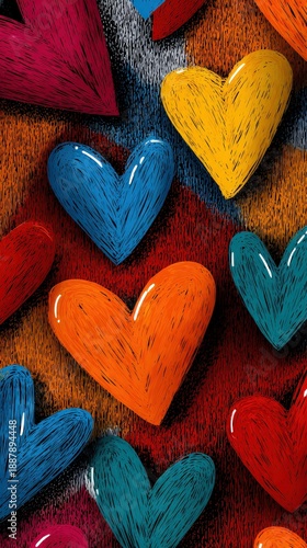 Colorful Abstract Hearts Artistic Background with Textured Pattern