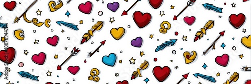 Colorful Hand Drawn Hearts and Arrows Love Pattern Background