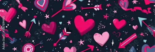 Valentine Hearts and Arrows Pattern on Dark Blue Background