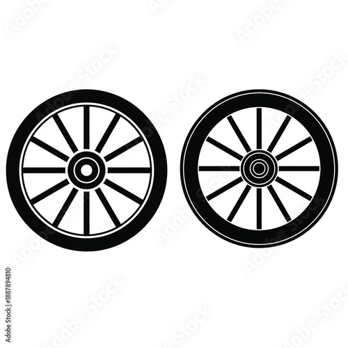 Pair of Black Silhouette Wagon Wheel Icons on White Background