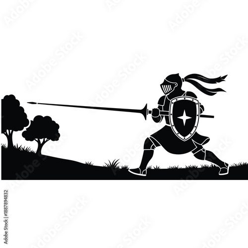 Black Silhouette Medieval Knight with Lance and Shield Vector Illustration