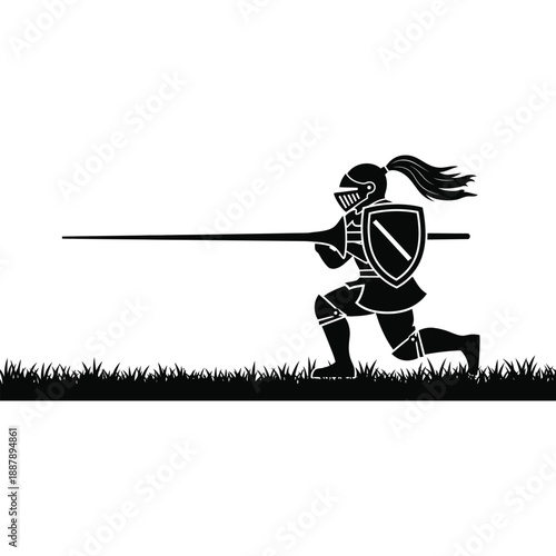 Black Silhouette Vector of Charging Armored Warrior with Lance and Shield