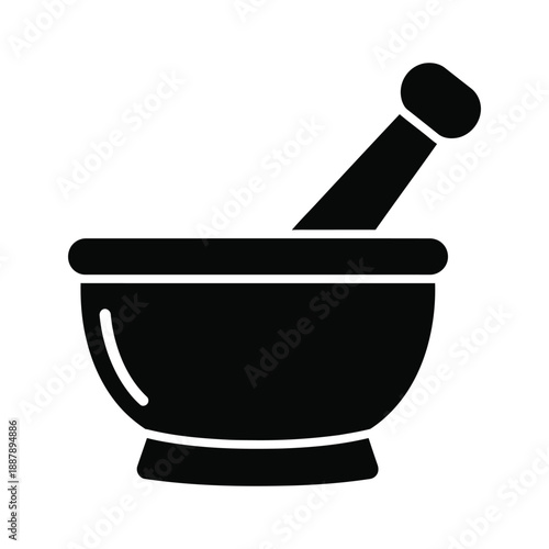 Solid Black Mortar and Pestle Icon on White Background