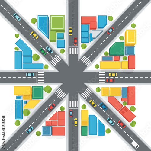 Top View of City Intersection with Colorful Buildings and Cars