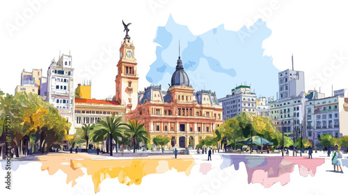 Plaza de Mayo and Casa Rosada. Plaza de Mayo and Casa Rosada hand drawn watercolor illustration
