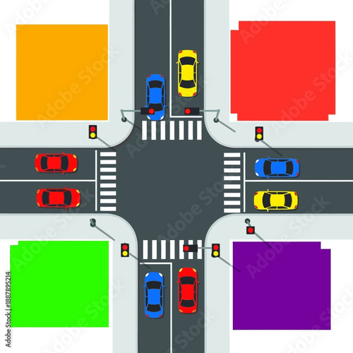 Top View of Busy City Intersection with Traffic and Buildings