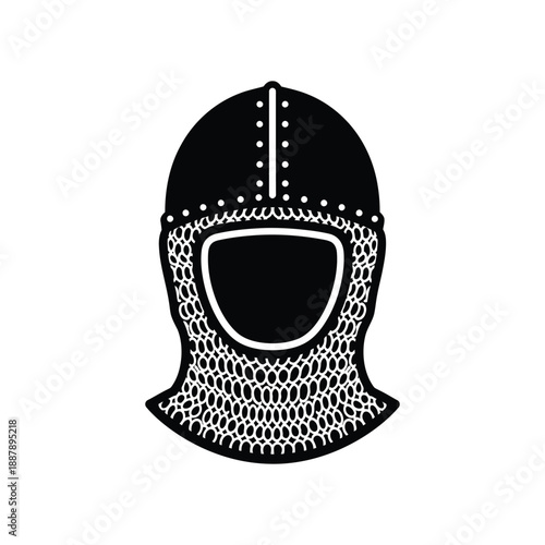 Stylized Knight's Coif and Helmet Black White Vector Art