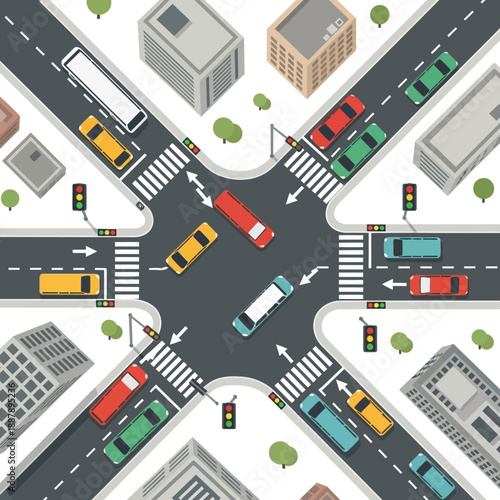 Isometric City Intersection with Traffic Flow and Buildings