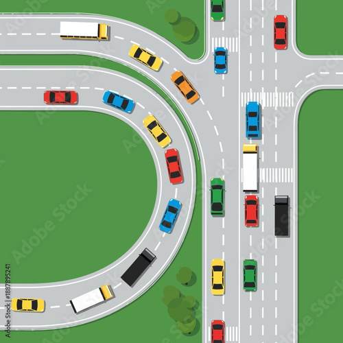 Aerial View of Traffic Intersection with Cars and Trucks on Roads