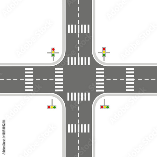 Crossroads intersection with traffic lights and pedestrian crossings, aerial view.