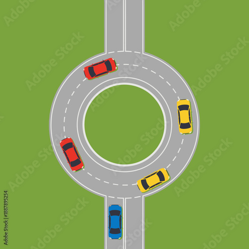 Top View of Cars Navigating a Roundabout Intersection with Green Background