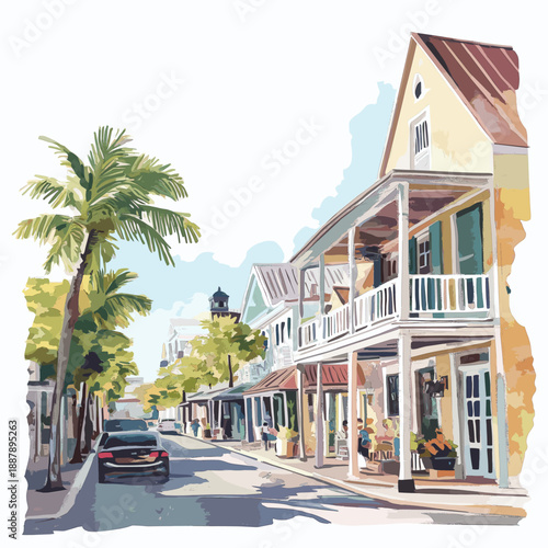 Key West?s Duval Street. Key West?s Duval Street hand drawn watercolor illustration