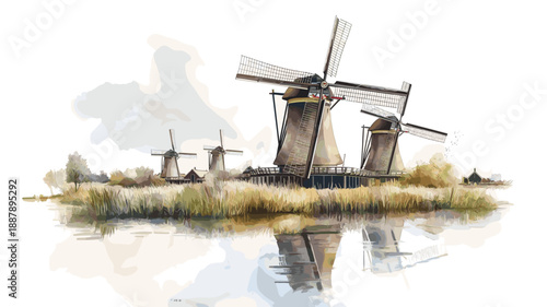 Windmills of Kinderdijk. Windmills of Kinderdijk watercolor vector illustration