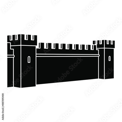 Black Silhouette of a Fortified Castle Wall with Two Towers and Battlements