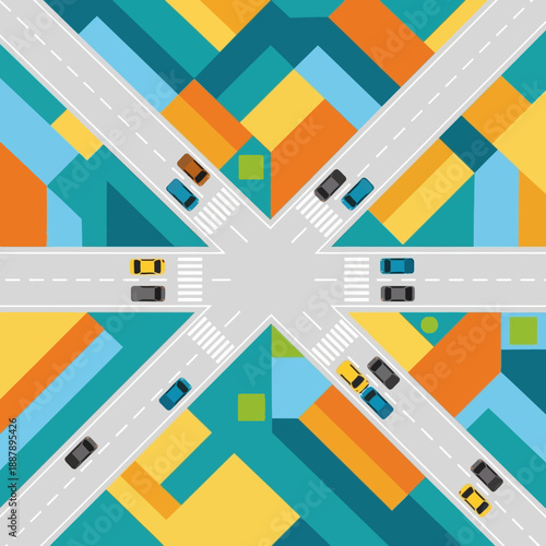 Abstract Intersection Cityscape with Cars and Geometric Background