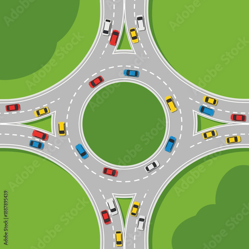 Aerial View of Busy Traffic Roundabout with Cars and Greenery