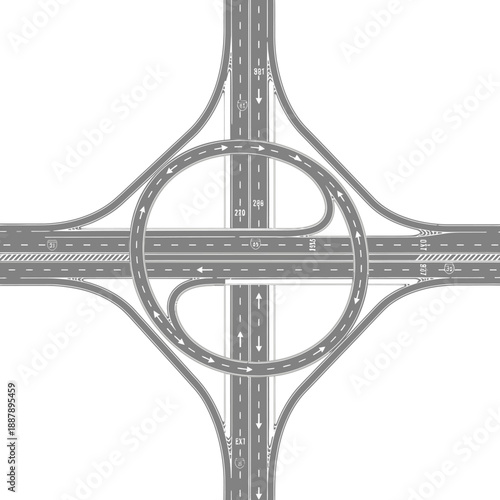 Modern highway interchange, aerial view, complex traffic junction, transportation infrastructure