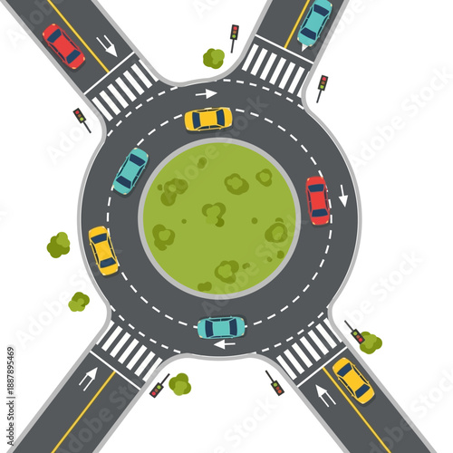 Busy roundabout traffic intersection with cars, traffic lights, and crosswalks