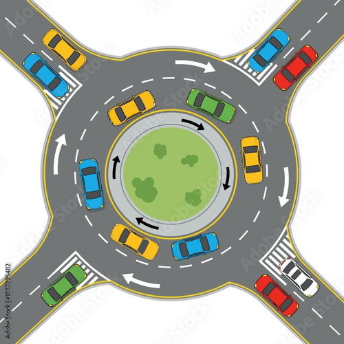 Modern traffic roundabout with cars, illustration, aerial view