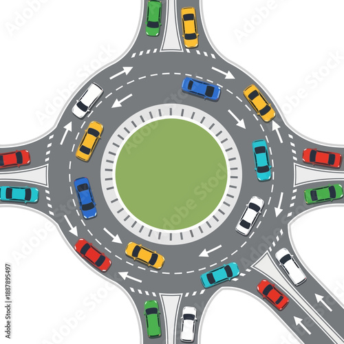 Busy traffic roundabout with cars in motion, aerial view, urban intersection