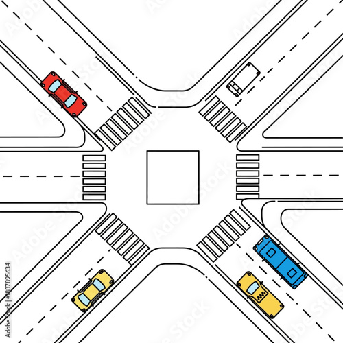 Aerial View of Busy City Intersection with Cars and Crosswalks