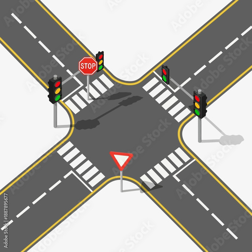 Crossroads intersection with traffic lights, stop sign, and crosswalks, isometric view