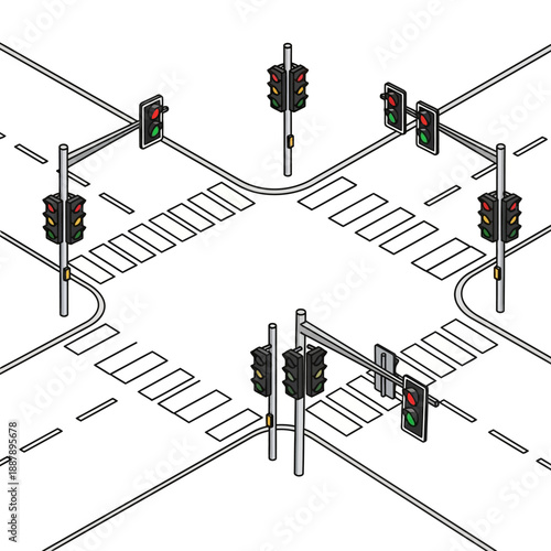 Isometric Traffic Light Intersection with Crosswalks and Roads