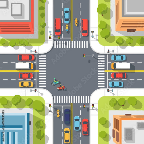 Aerial View of Busy City Intersection with Traffic and Buildings