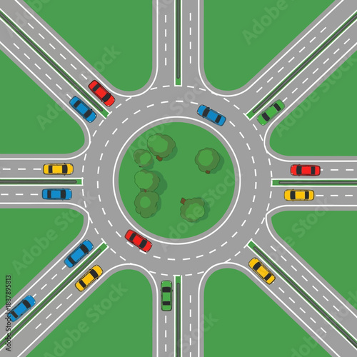 Aerial View of Busy Roundabout Intersection with Cars and Greenery