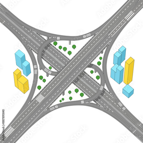 Modern highway interchange with city buildings and green trees, aerial view.