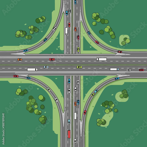 Overhead View of Highway Interchange with Traffic Flow