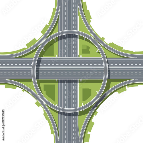 Aerial View of a Modern Highway Interchange with Circular Overpass and Green Medians