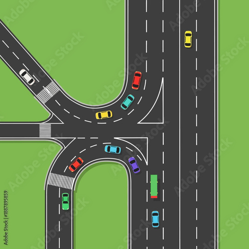 Top view of busy traffic roundabout with cars navigating intersections, traffi