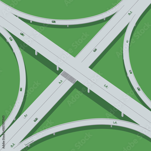 Overhead view of a complex highway interchange with cars on green grass background