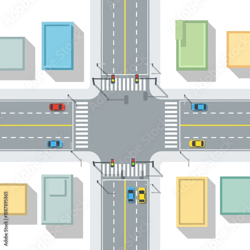 Aerial View of City Intersection with Traffic Lights and Cars