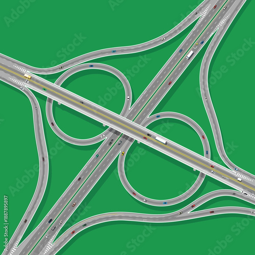 Aerial View of Highway Interchange with Traffic and Green Background