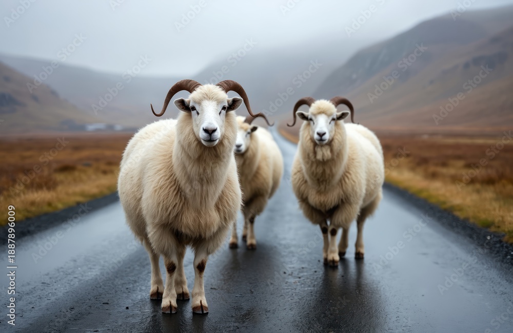 Fototapeta premium Three white woolly sheep with curved horns stand on wet asphalt road in Iceland. Foggy mountains form background. Animals look toward camera.