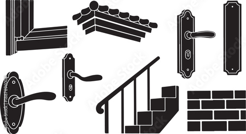 Black and white door hardware and architectural elements illustration