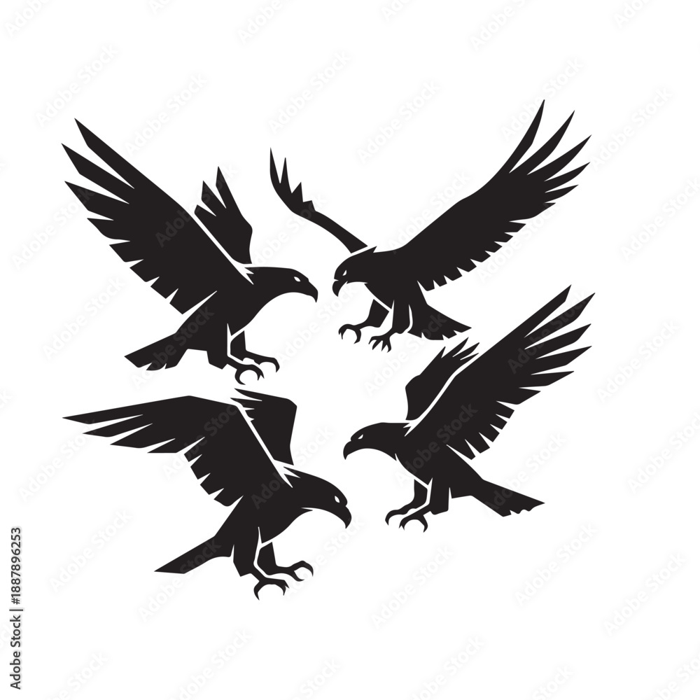 Fototapeta premium Geometric Eagle Silhouette Vector Set Black and WhiteEagle Polygonal Silhouette Minimal Vector IllustrationEagle Black White Geometric Bird Silhouette Collection