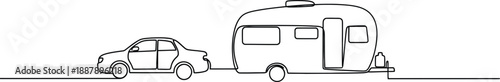 Minimalist continuous line drawing of a car towing a travel trailer on a road