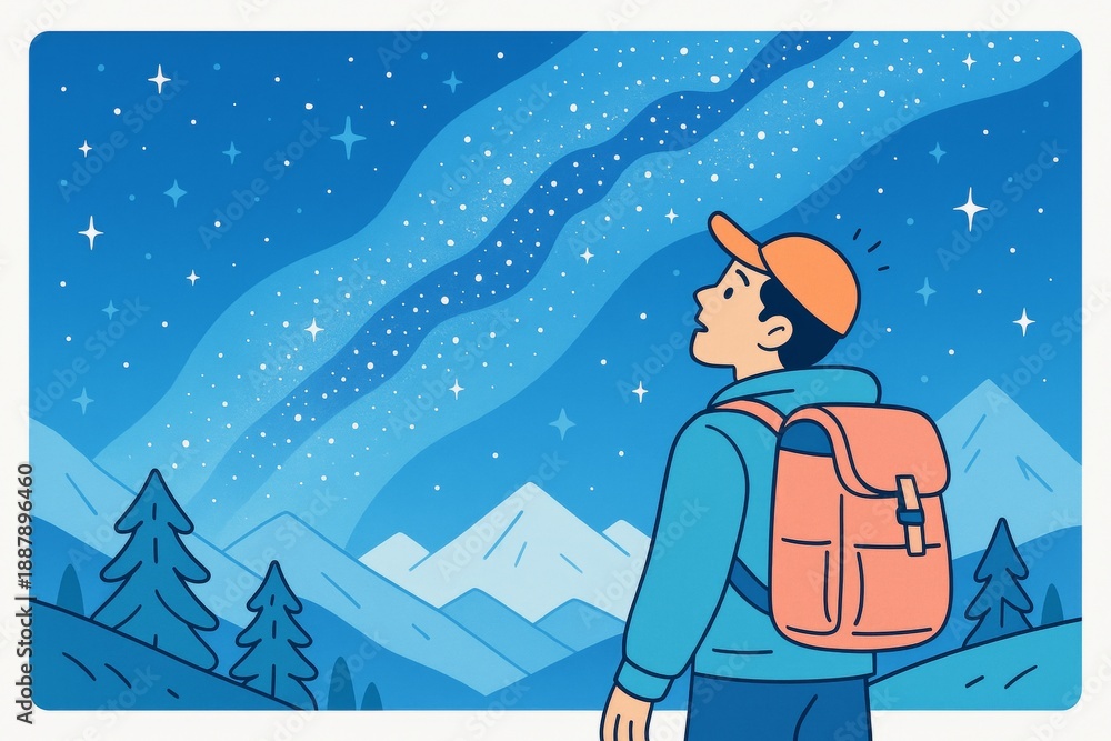 Fototapeta premium Cartoon hiker stares at starry night sky with Milky Way over mountains in blue dreamy background, evoking wonder and peaceful state of mind. Ai generative