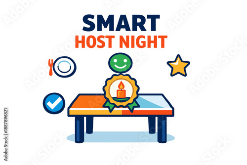 Smart host night illustration with happy badge and table setting
