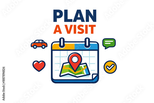 Plan a visit: interactive calendar with map pin, car icon, and heart symbol