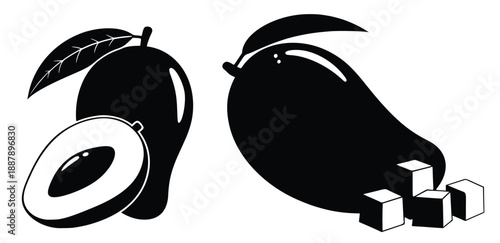 Mango Mania: A captivating black and white composition showcases the tropical allure of mangoes, with one elegantly sliced to reveal its luscious flesh and another whole.