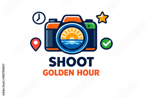 Camera icon with sun illustration and golden hour theme