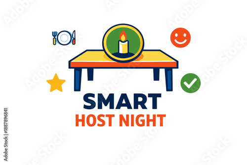 Smart host night logo: dining table, candle, icons for positive experience
